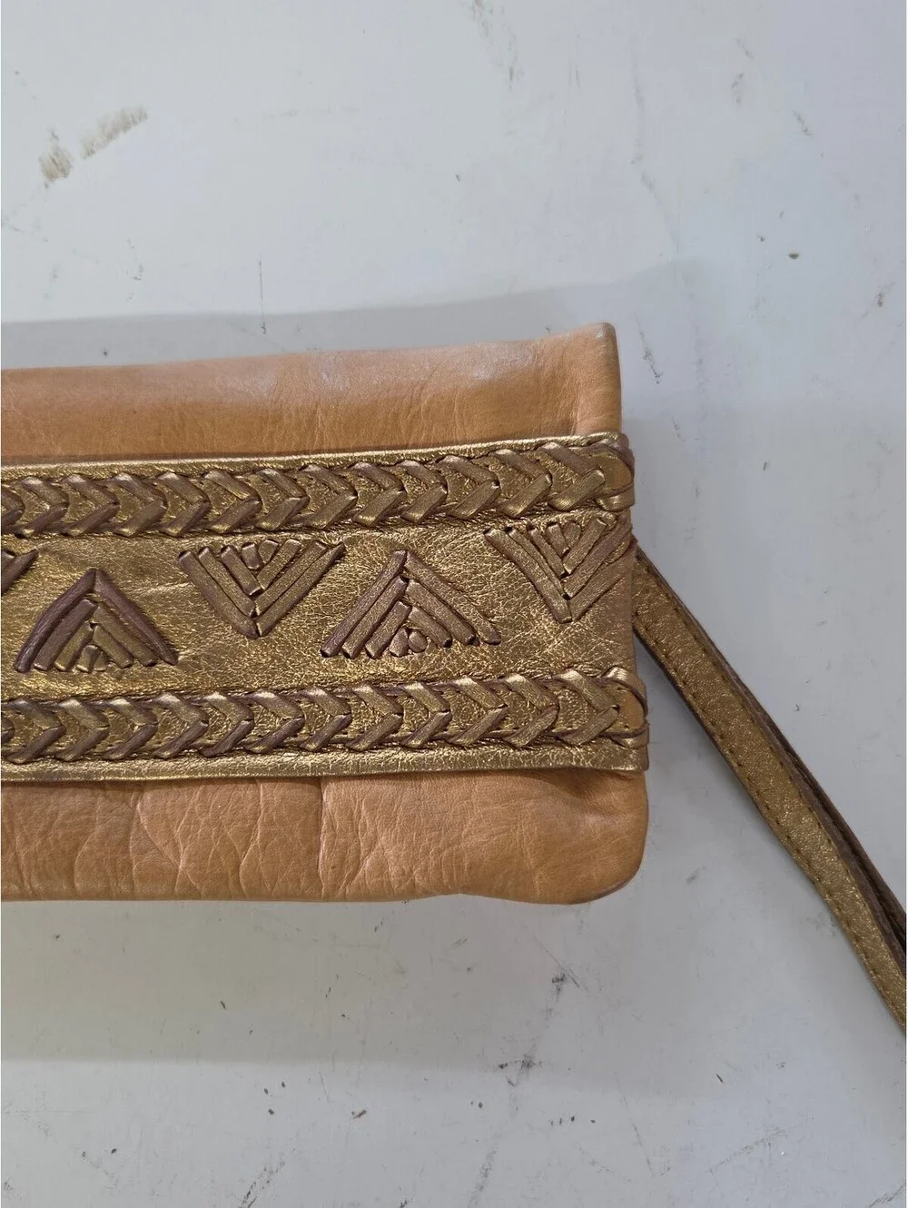 Samvara Leather Wristlet Clutch with Gold Embroidered Detail